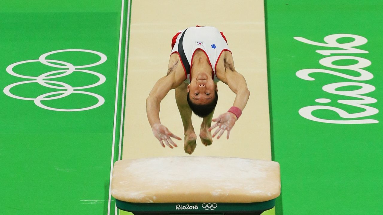 Shin Dong-hyen of South Korea competes on the vault in the artistic gymnastics men's team qualification round on Saturday.