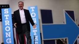 Democratic vice presidential candidate Sen. Tim Kaine (D-VA) arrives on stage during a campaign event August 1, 2016 in Richmond, Virginia. 