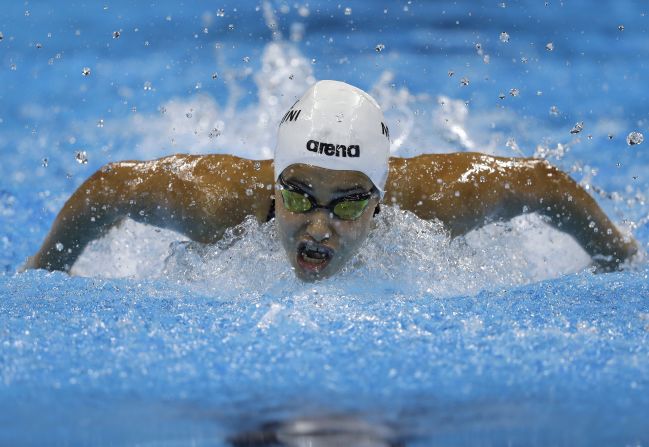 Yusra Mardini, a swimmer for the Refugee Olympic team, competes in a 100-meter butterfly heat on Saturday, August 6. The Syrian native and her teammates have had a <a href="index.php?page=&url=http%3A%2F%2Fedition.cnn.com%2F2016%2F08%2F06%2Fsport%2Frio-2016-refugee-team-olympics-syria%2F" target="_blank">remarkable journey to the Games</a>.