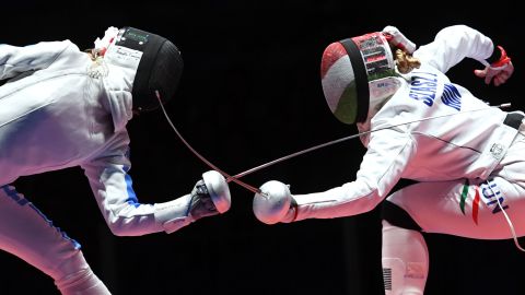 Italy's Rossella Fiamingo competes against Hungary's Emese Szasz during the women's individual epee gold medal bout in fencing. Szasz won the gold medal. 