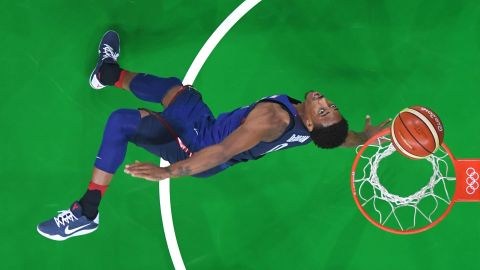 A view from above shows USA guard Demar Derozan scoring during a men's round Group A basketball match between China and USA. The United States won 119-62.
