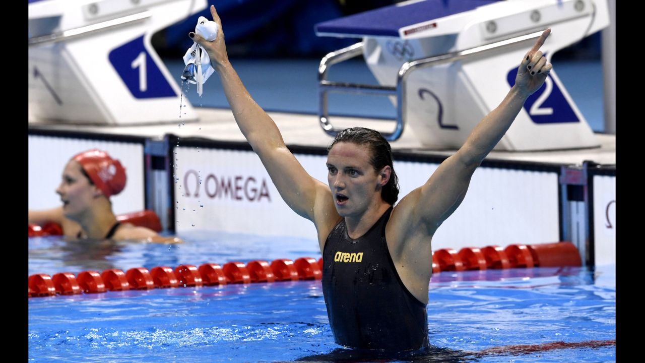 Hungary's Katinka Hosszu celebrates after breaking the world record by more than two seconds in the women's 400-meter individual medley final.