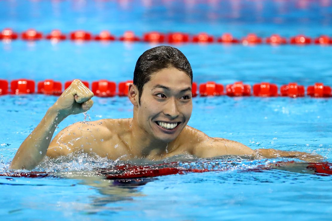 Kosuke Hagino celebrates after winning gold in the 400m individual medley.