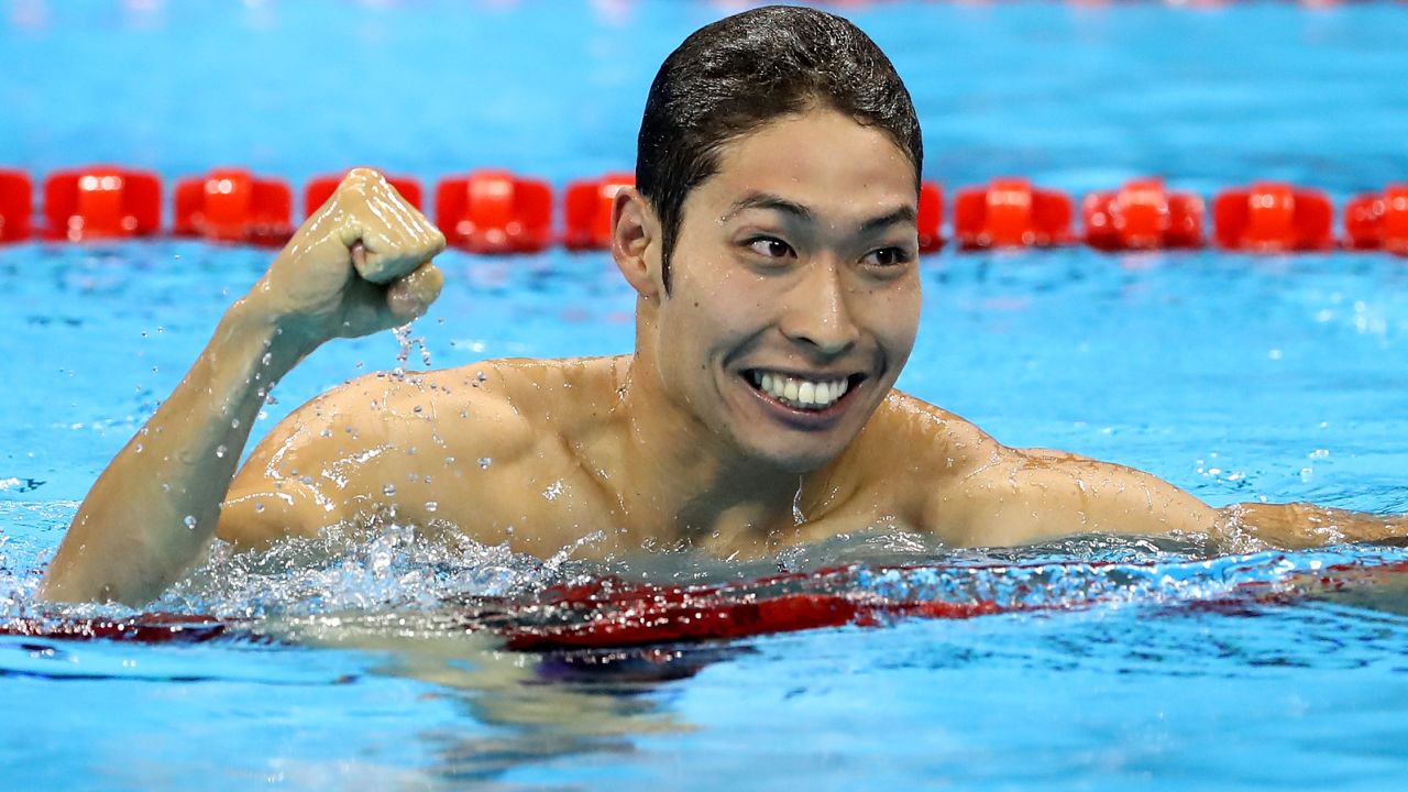 Kosuke Hagino celebrates after winning gold in the 400m individual medley.