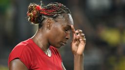 USA's Venus Williams reacts during her women's first round singles tennis match  against Belgium's Kirsten Flipkens at the Olympic Tennis Centre of the Rio 2016 Olympic Games in Rio de Janeiro on August 6, 2016. / AFP / Luis Acosta        (Photo credit should read LUIS ACOSTA/AFP/Getty Images)