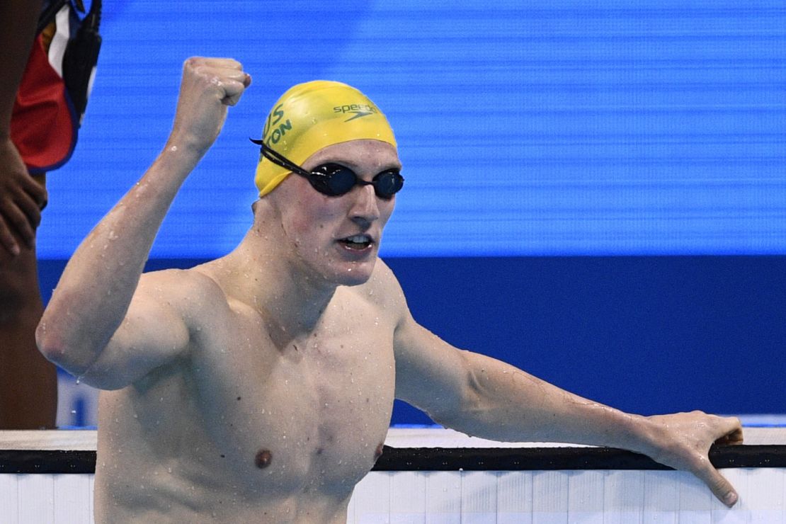 Australia's Mack Horton celebrates after winning the men's 400m freestyle final.