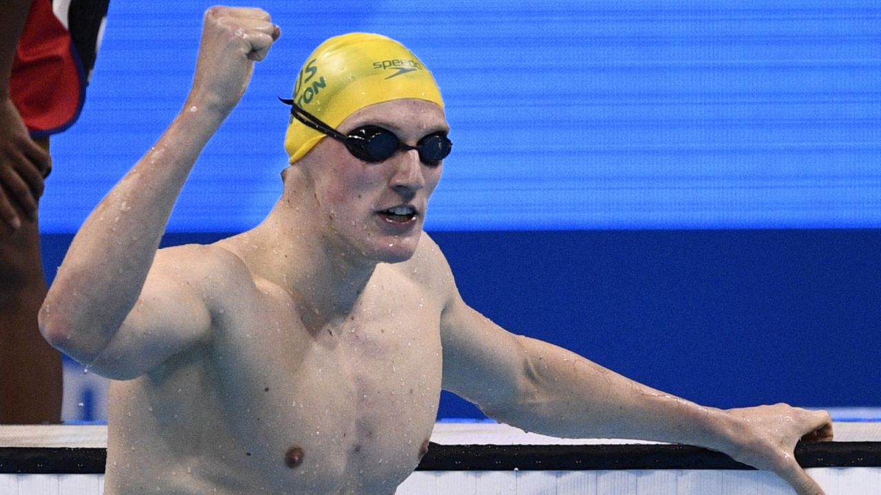 Australia's Mack Horton celebrates after winning the men's 400m freestyle final.
