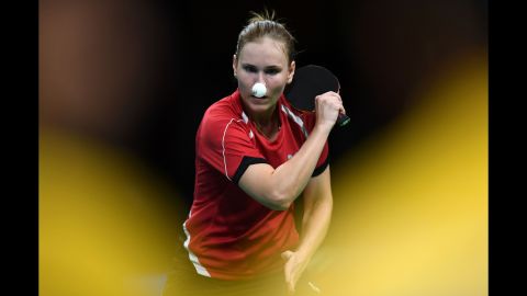 Belarus' Alexandra Privalova has a nose for the ball in her women's singles qualification-round table tennis match.