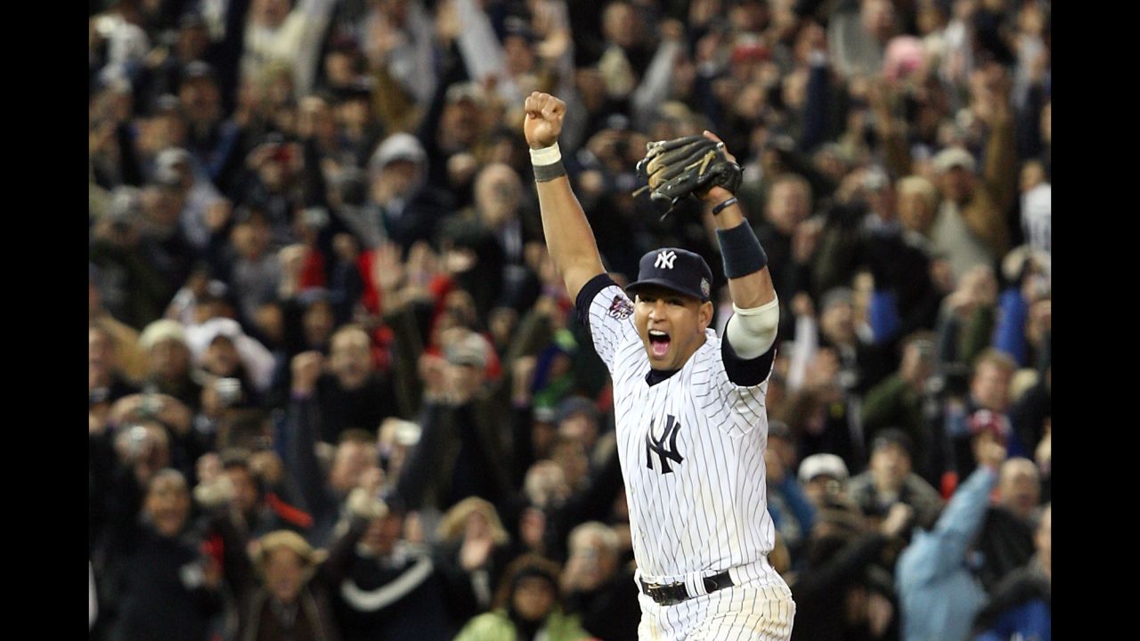Rodriguez celebrates after the Yankees defeat the Philadelphia Phillies 7-3 to win the World Series on November 4, 2009.