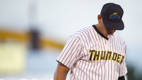 Rodriguez blows a bubble during a minor league game for the AA Trenton Thunder in Trenton, NJ on August 3, 2013. Major League Baseball suspended Rodriguez for <a href="http://www.cnn.com/2013/08/05/us/alex-rodriguez-future/index.html?hpt=hp_t1" target="_blank">211 regular-season games</a> through the 2014 season amid allegations involving the use of performance-enhancing drugs. 