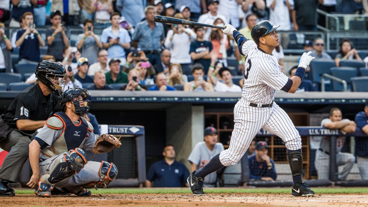 Rodriguez hits a home run for his 3,000th career hit against the Detroit Tigers at Yankee Stadium on Friday, June 19, 2015.