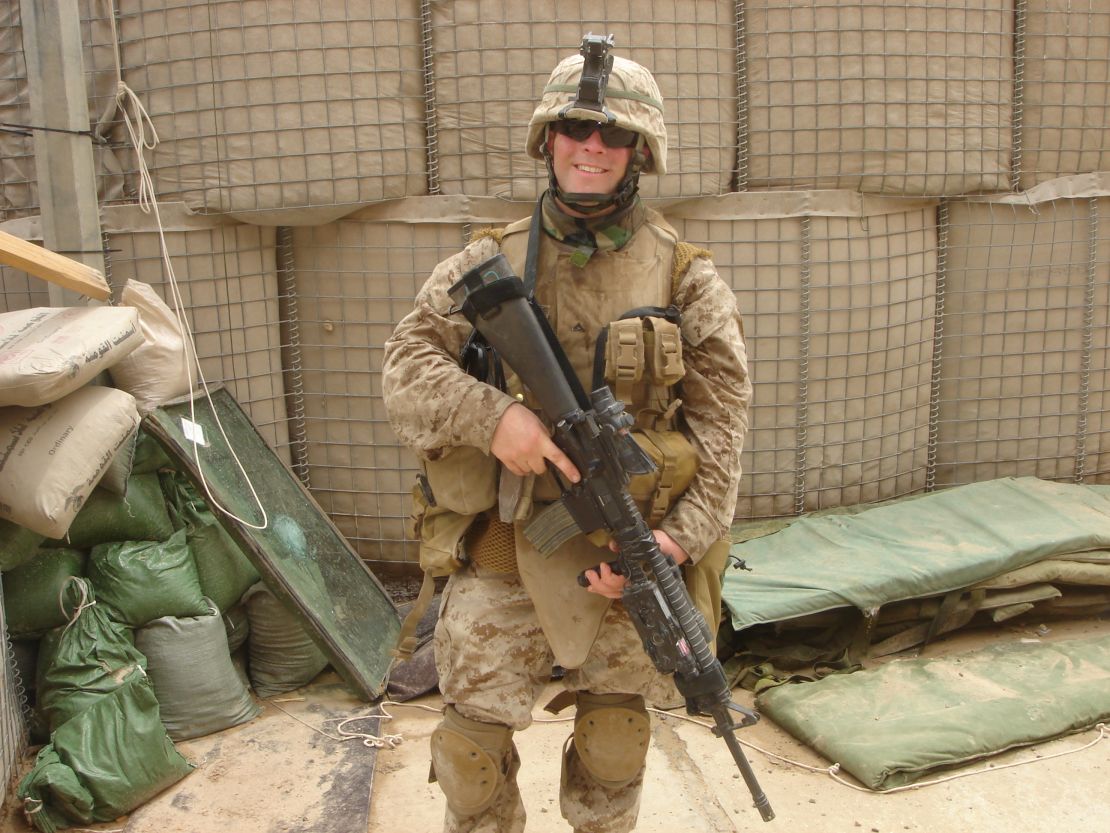 Sean Barney in April 2006, at the Civil-Military Operations Center in Fallujah, Iraq, a month before he survived being shot through the neck by an enemy sniper, an injury for which he was awarded a Purple Heart.