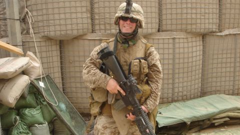 Sean Barney in April 2006, at the Civil-Military Operations Center in Fallujah, Iraq, a month before he survived being shot through the neck by an enemy sniper, an injury for which he was awarded a Purple Heart.