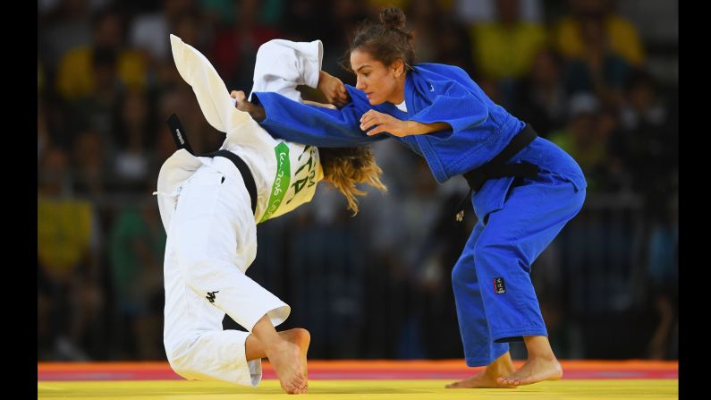 Majlinda Kelmendi of Kosovo (blue) competes with Odette Giuffrida of Italy during the women's 52 kg judo gold medal final. Kelmendi <a href="index.php?page=&url=http%3A%2F%2Fcnn.com%2F2016%2F08%2F07%2Fsport%2Fmajlinda-kelmendi-kosovo-olympics%2Findex.html" target="_blank">won Kosovo's first ever Olympic medal.</a>