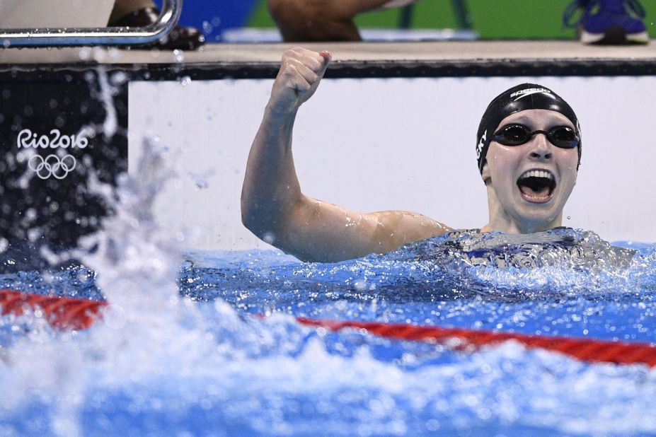 The United States' Katie Ledecky celebrates after winning the gold medal in the women's 400m freestyle final.