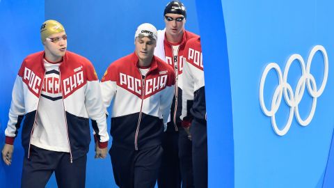 Russia's Andrey Grechin, Danila Izotov, Vladimir Morozov and Alexander Sukhorukov arrive for the men's 4x100-meter freestyle final during the swimming competitions at the 2016 Summer Olympics.