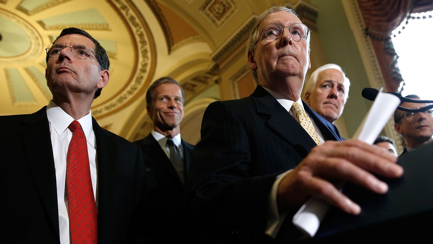 Senate Majority Leader Mitch McConnell answers questions with Republican leaders following the weekly Republican policy luncheon at the US Capitol on September 16, 2014 in Washington.