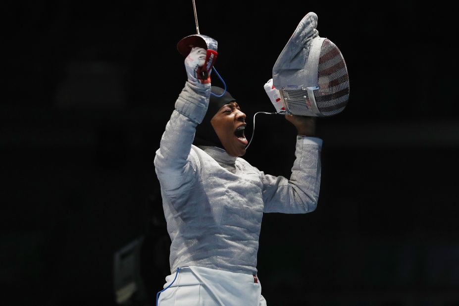 U.S. fencer Ibtihaj Muhammad celebrates after defeating Ukraine's Olena Kravatska in the individual sabre competition on Monday, August 8. Muhammad is the <a href="http://www.cnn.com/2016/08/08/sport/ibtihaj-muhammad-individual-sabre-fencing-2016-rio-olympics/index.html" target="_blank">first U.S. Olympian to compete in hijab</a>.