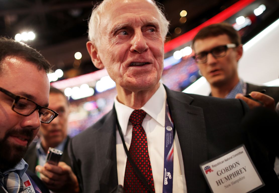 Gordon Humphrey, speaks to the media on the first day of the Republican National Convention on July 18, 2016 at the Quicken Loans Arena in Cleveland, Ohio. 