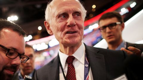 Gordon Humphrey, speaks to the media on the first day of the Republican National Convention on July 18, 2016 at the Quicken Loans Arena in Cleveland, Ohio.