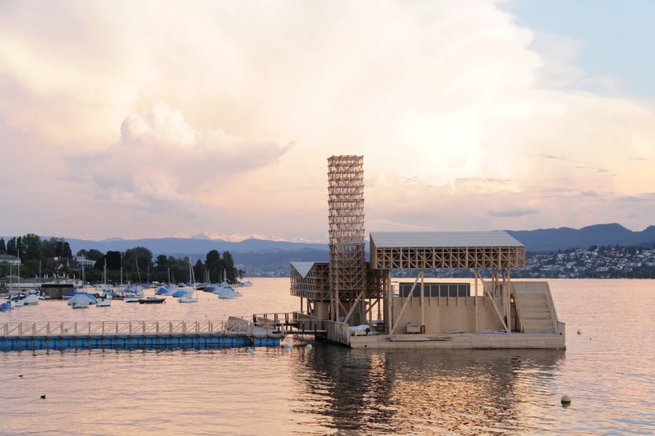 This floating wooden pavilion is the Pavillion of Reflections in Zurich. It was revealed as part of Manifesta, an annual contemporary art biennial. 