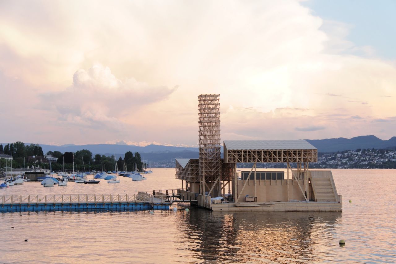 This floating wooden pavilion is the Pavillion of Reflections in Zurich. It was revealed as part of Manifesta, an annual contemporary art biennial.