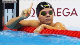 Yulia Efimova of Russia celebrates winning her semi final of the100m Breaststroke on day 2 