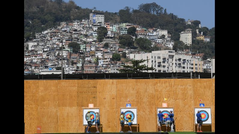 Athletes train at the archery venue on Tuesday, August 2.