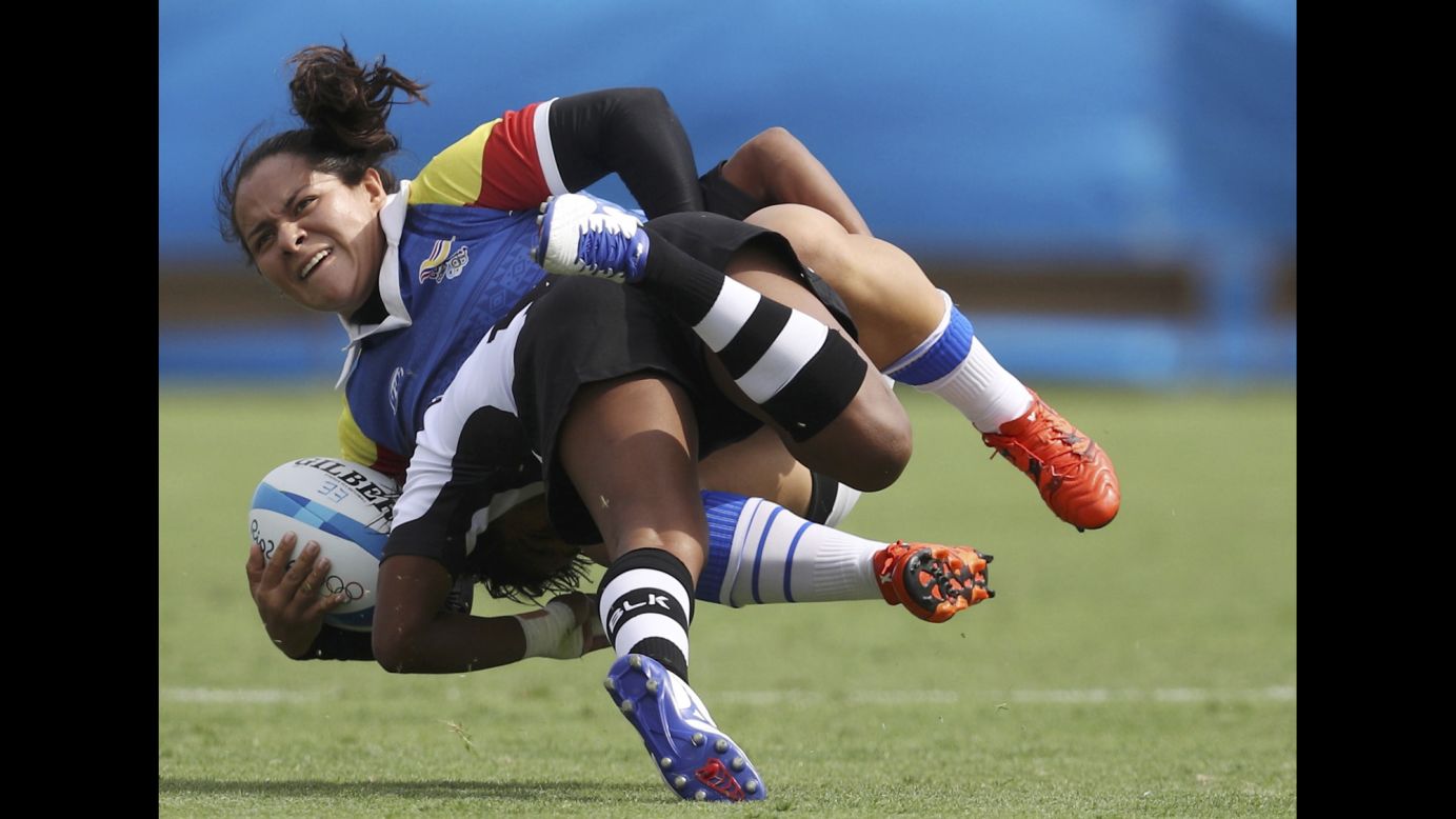 Colombia's Claudia Betancur tackles Fiji's Ana Maria Roqica during a rugby sevens match on Sunday, August 7.