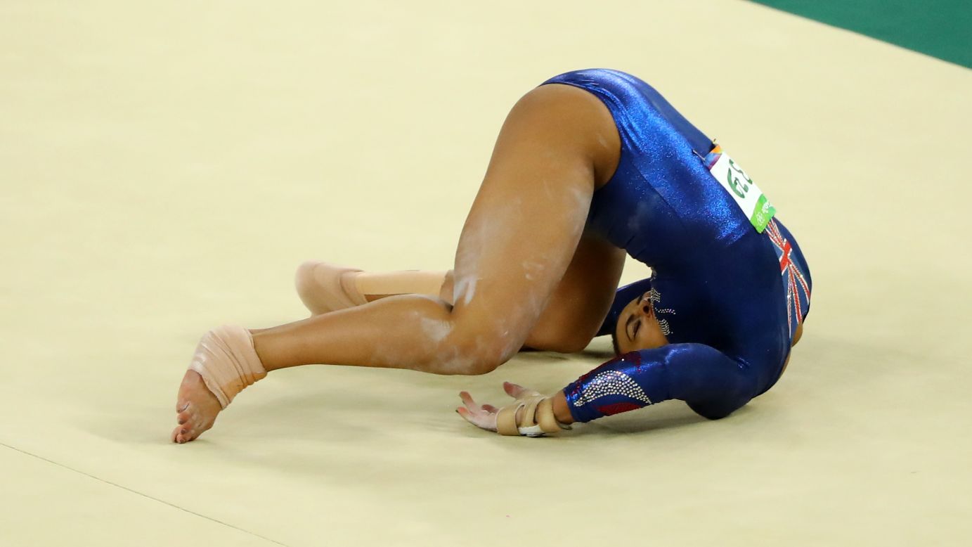British gymnast Elissa Downie falls on her neck during her floor routine on Sunday, August 7. She later returned to action after being checked out by doctors.