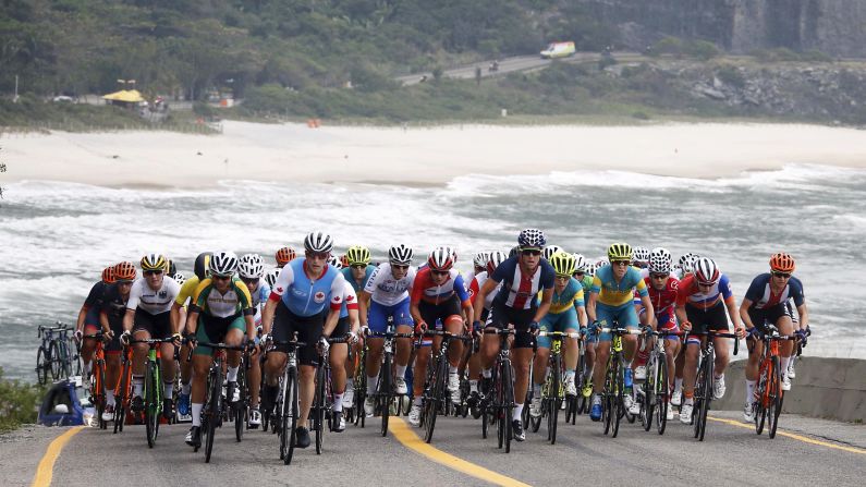 Cyclists race in the women's road race on Sunday, August 7.