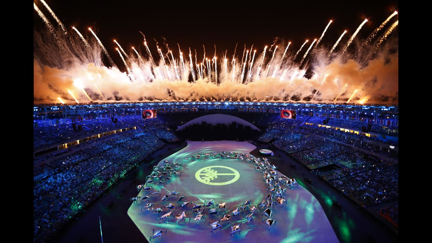 Fireworks explode during the opening ceremony, which was held at the Maracana Stadium on Friday, August 5.