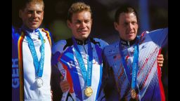 Russia's Viacheslav Ekimov wins gold, Germany's Jan Ullrich takes silver and Lance Armstrong wins bronze in Sydney's 2000 Olympic Games.