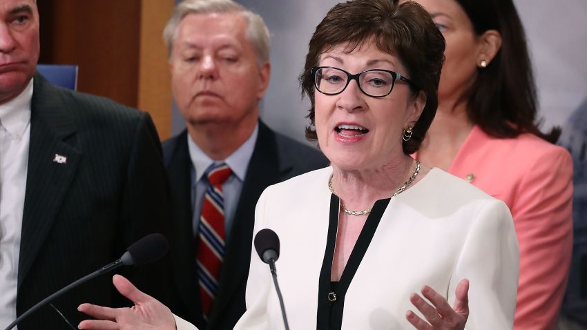 Sen. Susan Collins (R-ME), while flanked by bipartian Senate colleagues during a news conference on Capitol Hill, June 21, 2016 in Washington, DC.