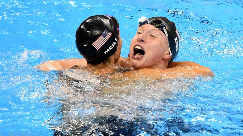 Lilly King, right, celebrates with American teammate Katie Meili after winning the 100-meter breaststroke on Monday, August 8. Leading up to the final, King <a href="index.php?page=&url=http%3A%2F%2Fwww.cnn.com%2F2016%2F08%2F08%2Fsport%2Frio-olympics-russia-booed-lilly-king-yuliya-efimov%2F" target="_blank">had called out Russian rival Yulia Efimova,</a> who faced two bans for performance-enhancing drugs before eventually being allowed to swim in Rio de Janeiro. Efimova finished in second place. Meili got the bronze.