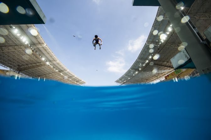 A diver practices at the Maria Lenk Aquatics Centre on Thursday, August 4.