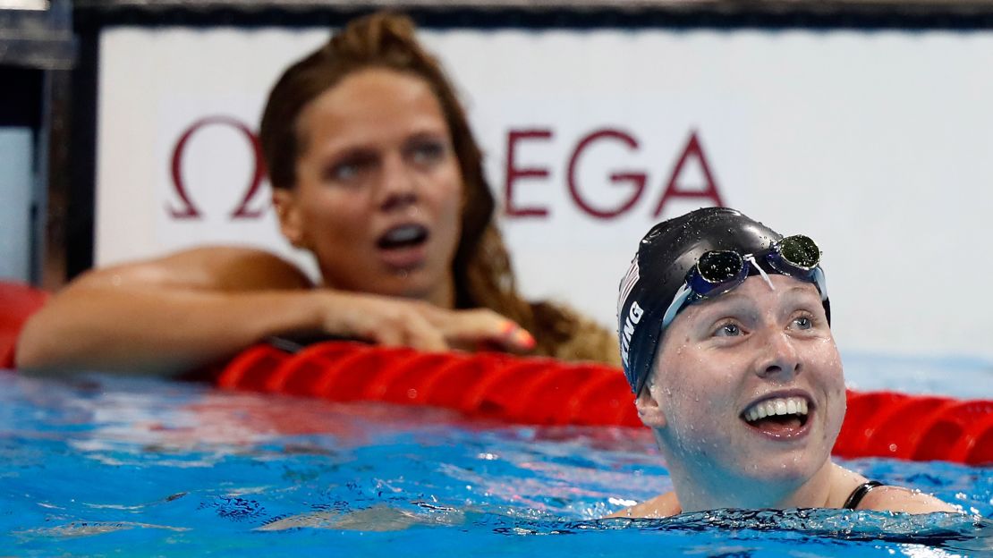 Lilly King of the United States celebrates winning gold in the Women's 100m Breaststroke Final.