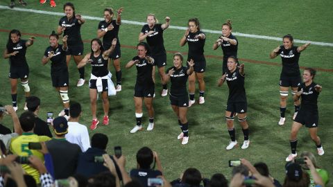 New Zealand's rugby team performs a haka dance for their supporters after the final.