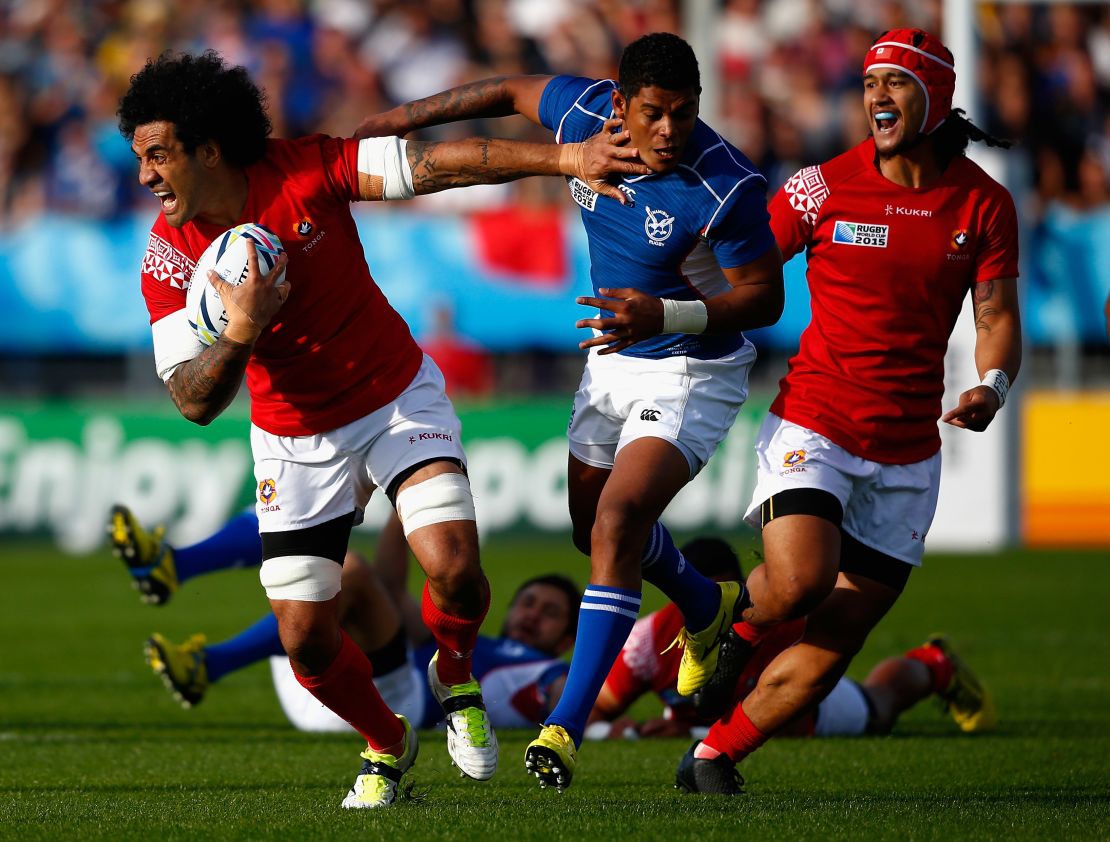 Hale T-Pole (left) in action for Tonga against Namibia at the 2015 World Cup.