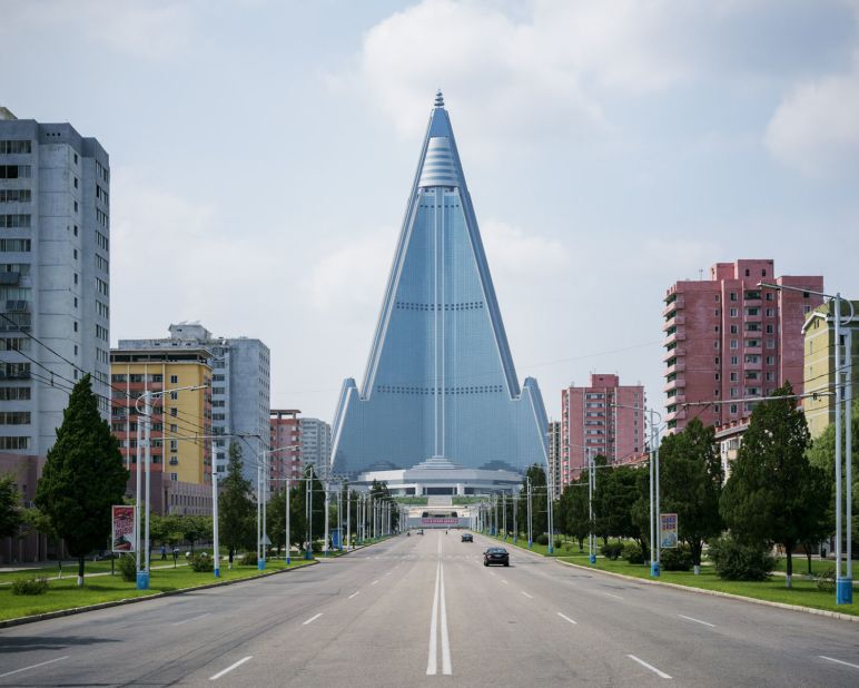 "This hotel is probably the most emblematic building of Pyongyang and is still undergoing construction. Towering over the city at 330 meters (1082 feet) high, its infrastructure is made entirely of concrete which gives this solid futurist look -- like a very heavy spaceship that will never take off."