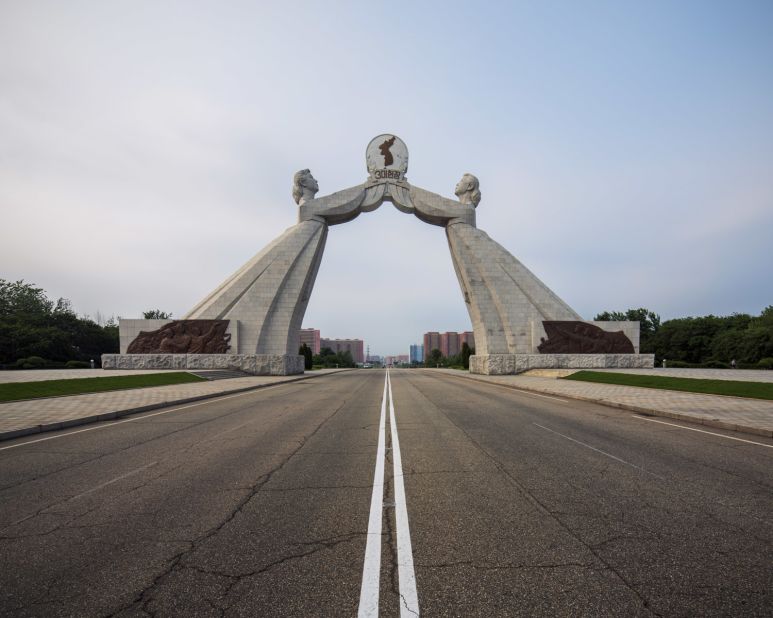 "This sits on the outskirts of Pyongyang. The two women symbolize the two Koreas and the desire of reunification. Like many other monuments in the country, it is made from solid granite stone." 