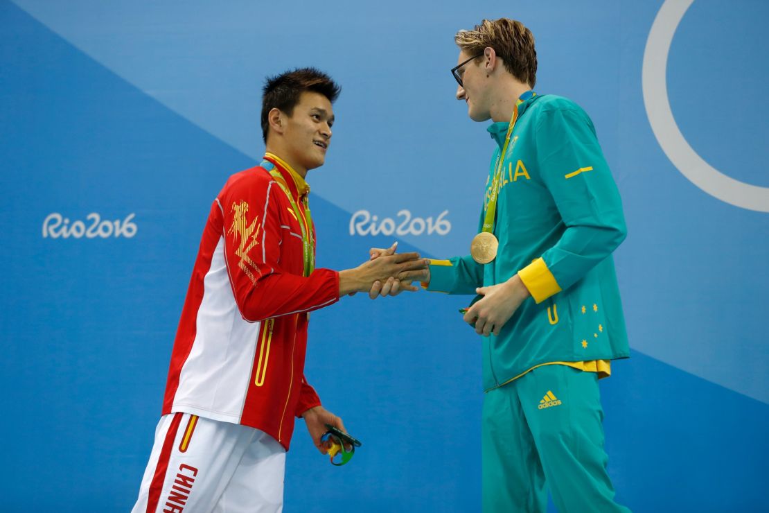 China's Sun Yang shakes hands with Australia's Mack Horton after the men's 400m freestyle final.