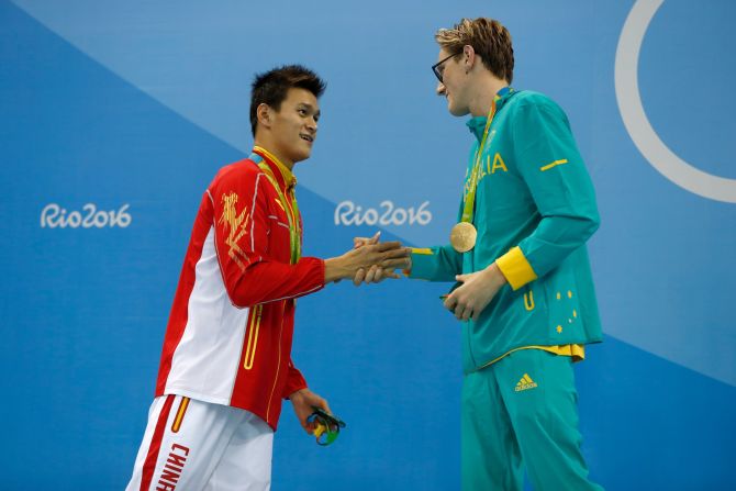 Silver medalist Yang Sun of China and gold medalist Mack Horton of Australia shake hands after the 400-meter swimming freestyle on Saturday, August 6. The Australian had <a href="index.php?page=&url=http%3A%2F%2Fedition.cnn.com%2F2016%2F08%2F06%2Fsport%2Fhorton-yang-swimming-rio-olympics-day-one%2F" target="_blank">opened up a war of words</a> against his Chinese opponent in the buildup to the final, saying: "I don't have time or respect for drug cheats."