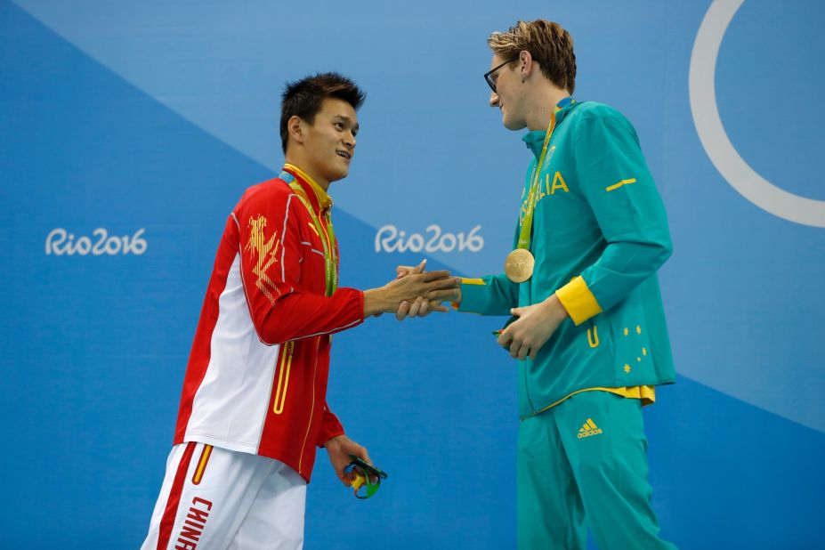 Silver medalist Yang Sun of China and gold medalist Mack Horton of Australia shake hands after the 400-meter swimming freestyle on Saturday, August 6. The Australian had <a href="http://edition.cnn.com/2016/08/06/sport/horton-yang-swimming-rio-olympics-day-one/" target="_blank">opened up a war of words</a> against his Chinese opponent in the buildup to the final, saying: "I don't have time or respect for drug cheats."