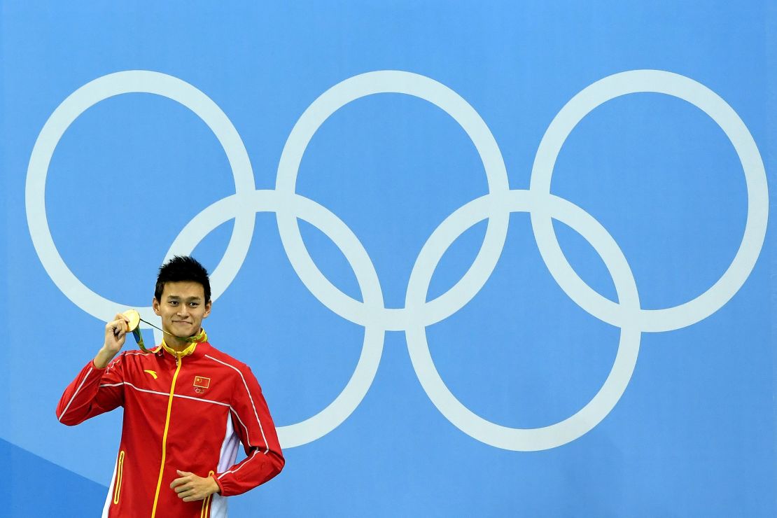 Gold medalist Yang Sun of China poses on the podium during the medal ceremony for the men's 200m freestyle on August 8.