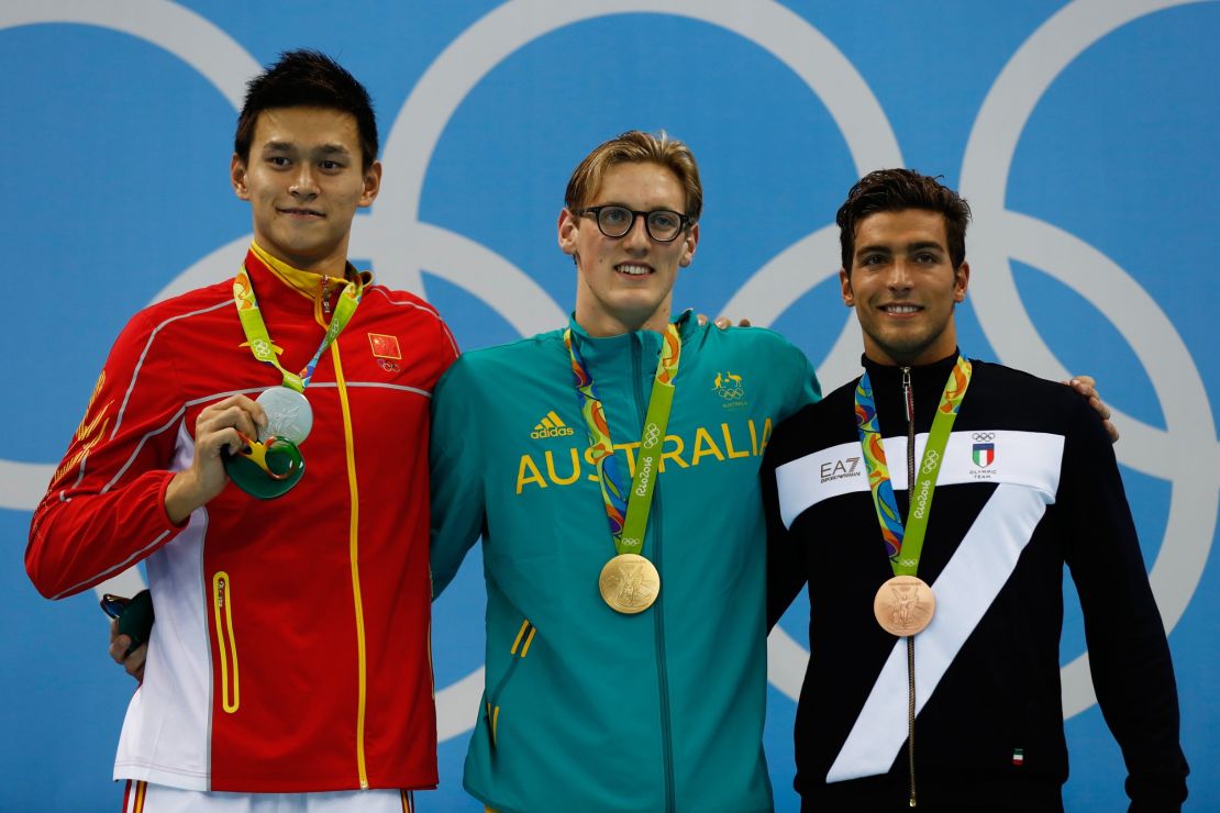 Sun Yang of China, gold medal medalist Mack Horton of Australia and bronze medalist Gabriele Detti of Italy after Men's 400m Freestyle event at the Rio 2016 Olympic Games.