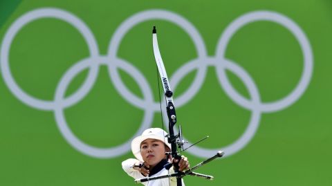 South Korean archer Chang Hye-jin takes part in the women's individual competition. Earlier this week, she and teammates Choi Mi-sun and Ki Bo-bae took gold in the team event.