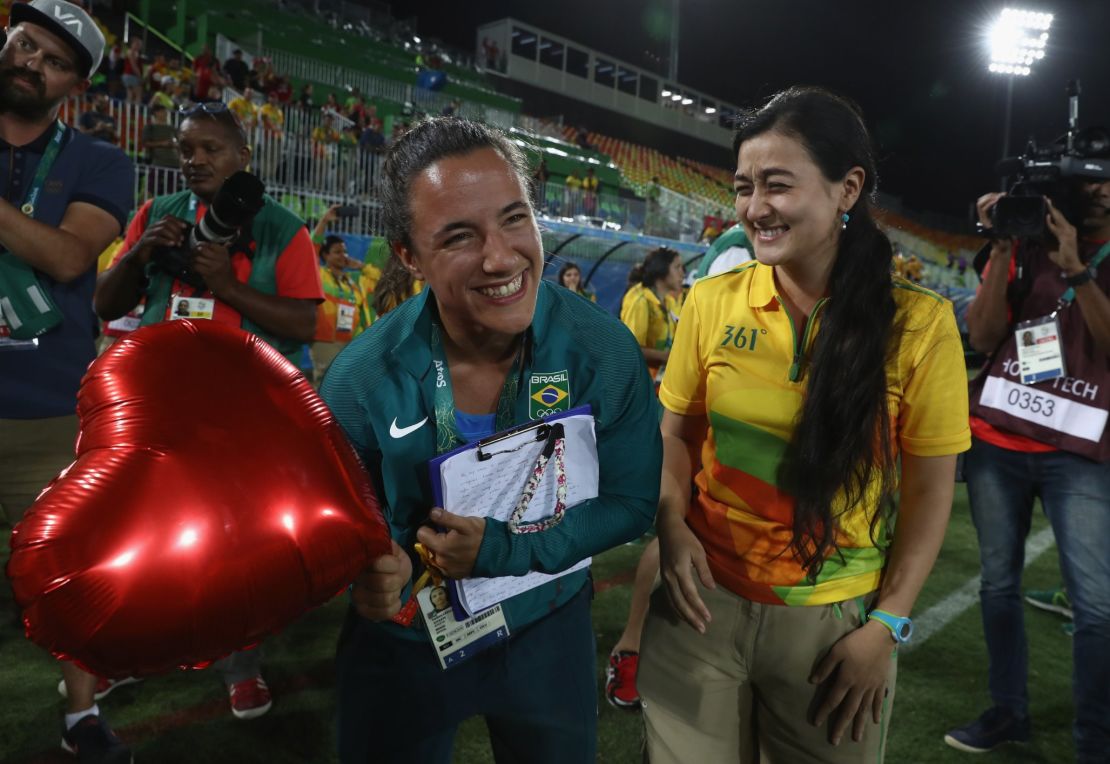 Marjorie Enya and rugby player Isadora Cerullo of Brazil got engaged at Deodoro Park.