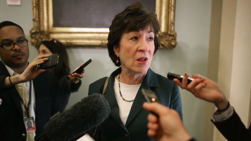 Sen. Susan Collins talks with reporters before heading into the GOP policy luncheons at the U.S. Capitol February 3, 2015 in Washington, DC.