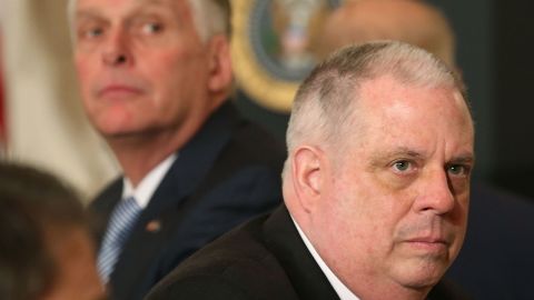 Gov. Larry Hogan (R-MD) (R), listens to questions during a meeting with members of the National Governors Association, in the State Dining Room at the White House, February 22, 2016 in Washington, DC.